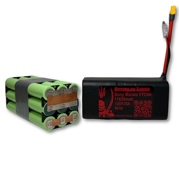 6S3P Sony Murata VTC6A 11850мАг 120/135A Акумулятор Li-Ion для FPV дрона «Козацька Банка»